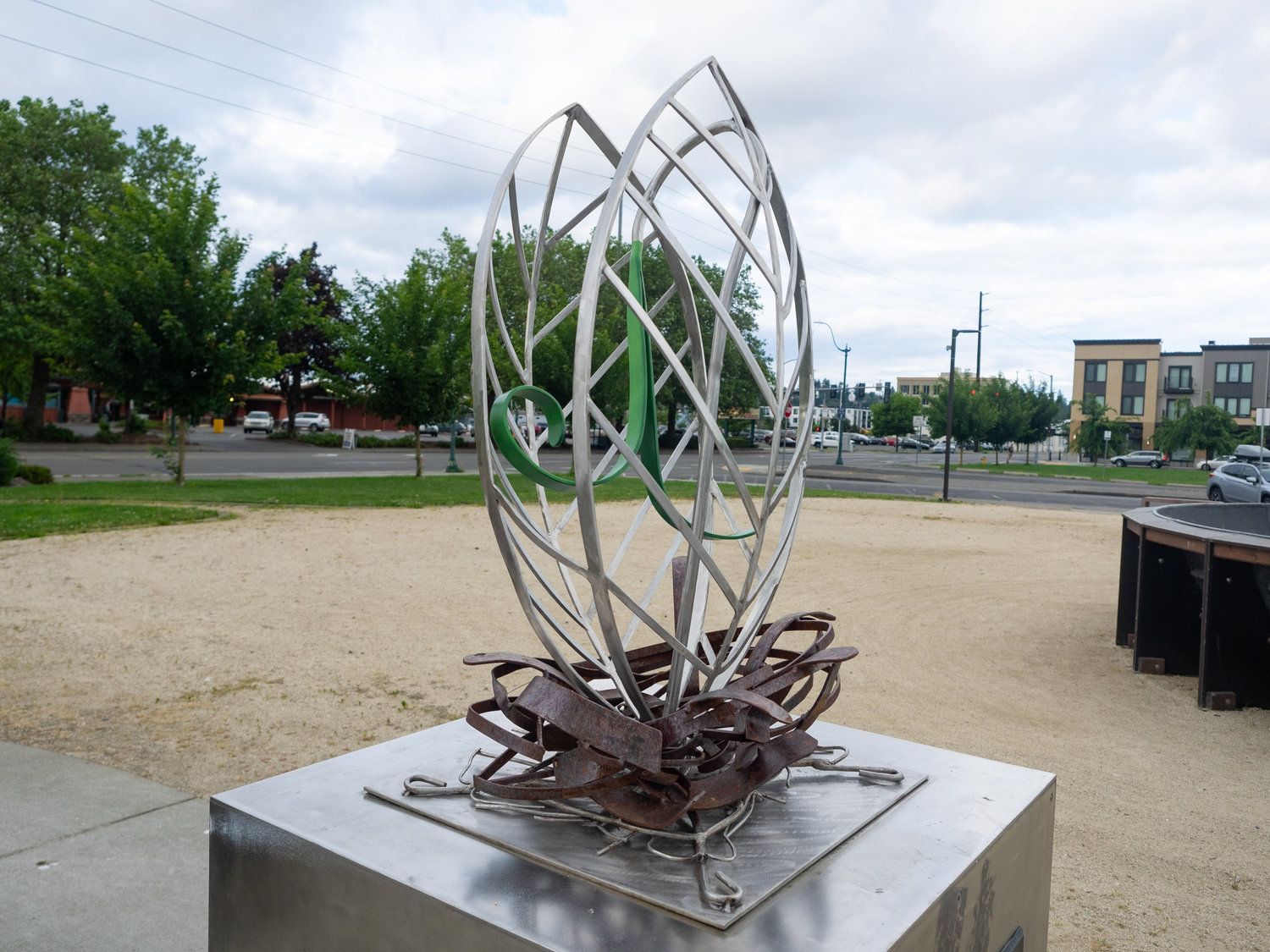 Sprout by Ken Turner. Medium mild steel and stainless steel. Percival Plinth Project sculptures on Percival Landing.